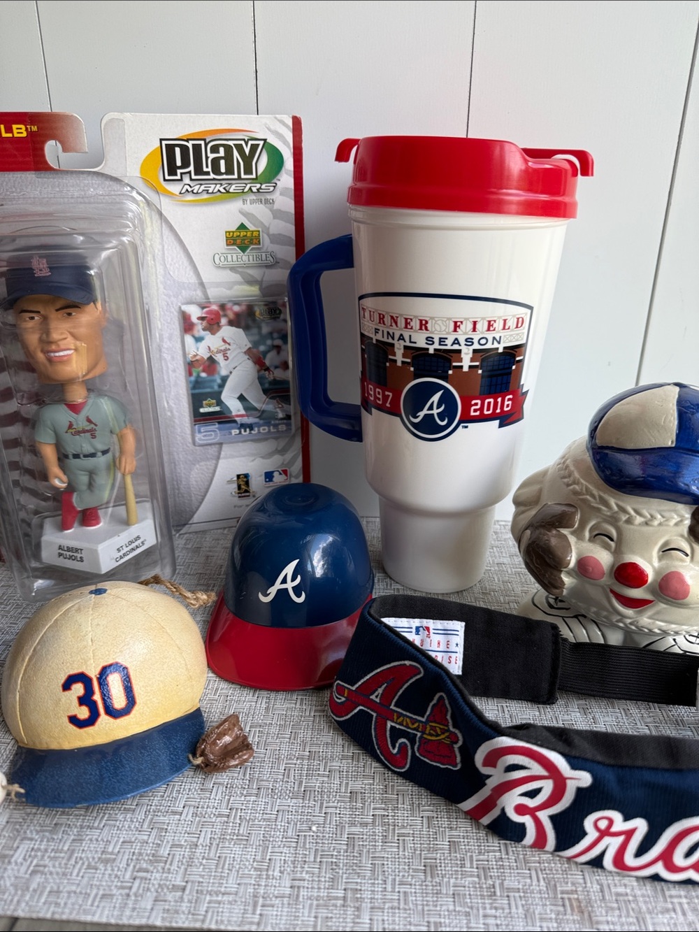 Baseball Bobblehead Bank Braves Cup w/lid Metal BBall Ornament Braves Headband